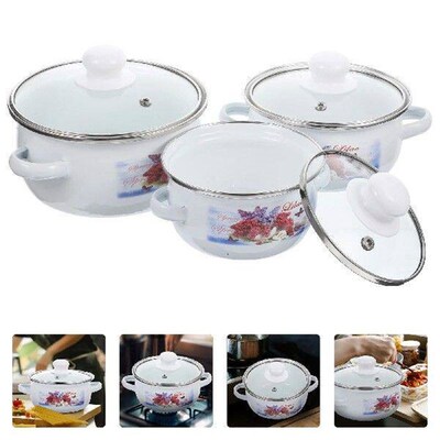 3 Pcs Enamel Mini Soup Pot Double Ear Oil Instant Noodle