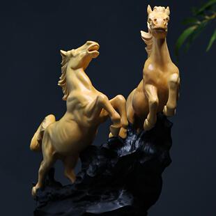 小叶黄杨木雕刻同奔幸福双马创意摆件客厅装饰工艺品车载招财饰品