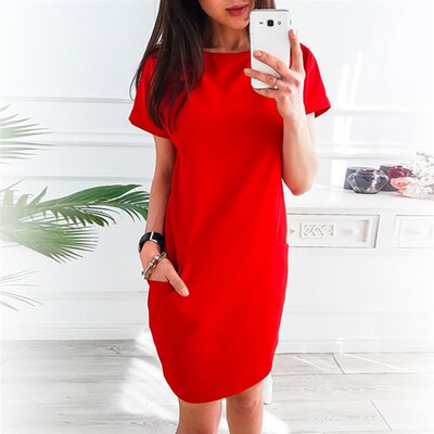 Women Casual Solid Color Short Sleeve Round Neck Pockets