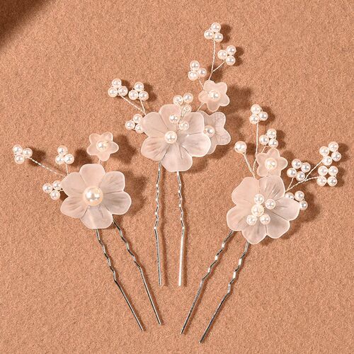 3pcs White Flower U Shaped Hairpin Pearl Elegant Hair Clips