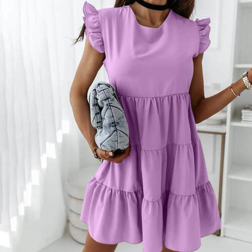 New Party Dress Ruffle Round Neck Short Sleeve Solid Color