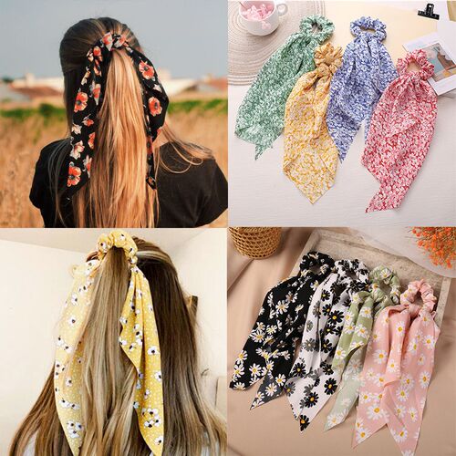 Fashion Colorful Bow Satin Long Ribbon Women Hair Scrunchies
