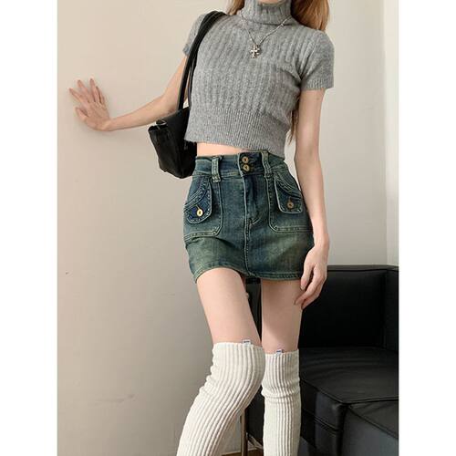 Korean Style Retro High Waist Denim Skirt Half-length Skirt