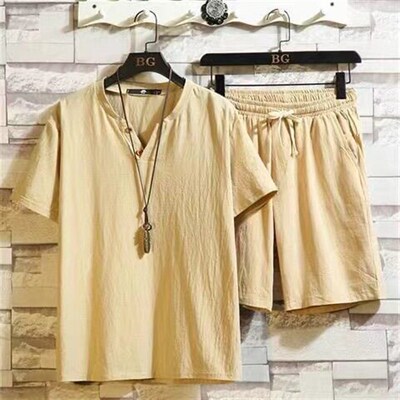 Factory Cotton And Lines Short Sleeve Shorts Set Mens Chine
