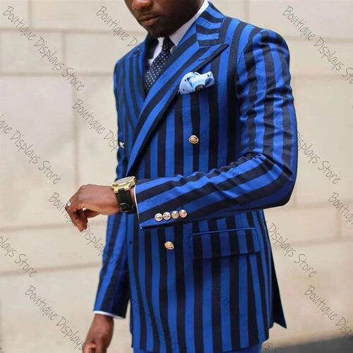 Blue and Black Stripes Double Breasted Men Suit Two