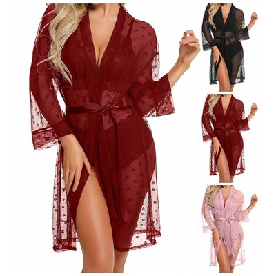 Women Sexy Lingerie Set 3 Piece Lace Kimono Robe With Bra An