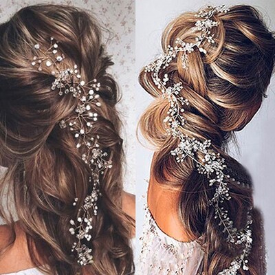 35/50cm Long Bride Handmade Crystal Pearl Hair Band Headdres