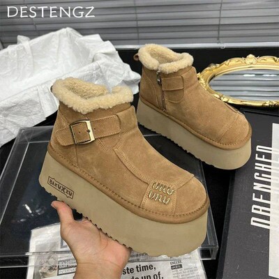 2024 New Fur Platform Women Ankle Boot Flat Suede Warm Shoe