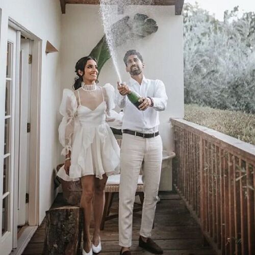 Simple Short Wedding Dress 2021 Long Puff Sleeves High Neck