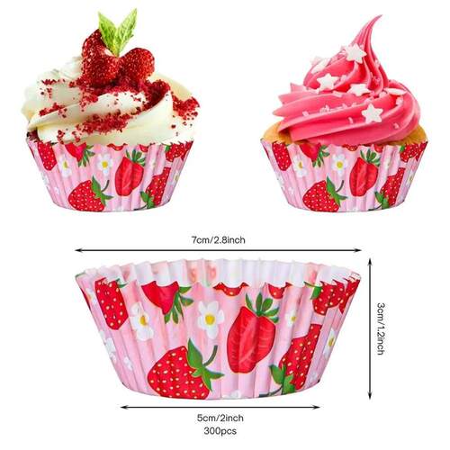 300PCS Pink Strawberry Cupcake Liners Summer Fruit Theme Pap
