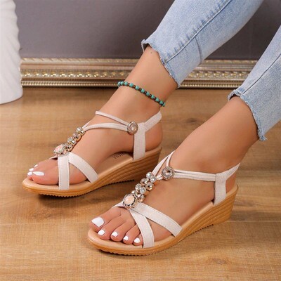 New Women Solid Color Wedge Sandals  New Ankle Buckle Non