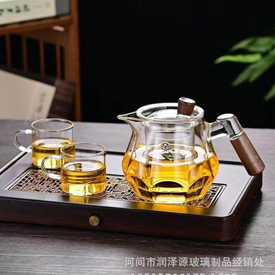 430ml Japanese Striped Side Wooden Handles Glass Teapot Kung