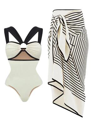 Fashion Color Block One Piece Swimsuit and Kimono Womens Lu