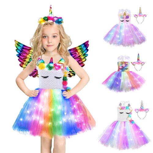 Girls Shiny Unicorn Tutu Dress Glowing Kids Unicorn Dresses