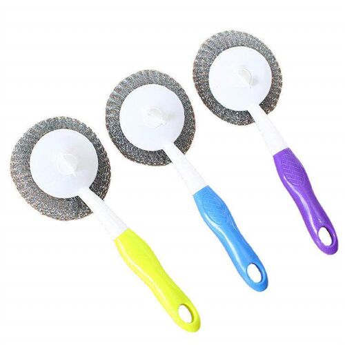 Household pot brush with a plastic handle and steel wire bri