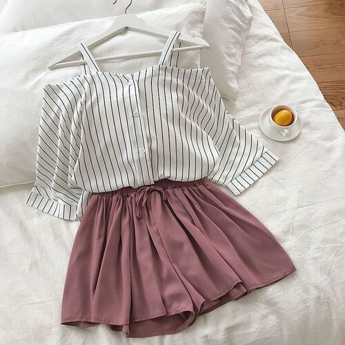 2023 new fashion womens two piece set Fresh striped off-the