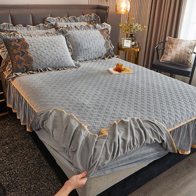 冬季加绒水晶绒夹棉床笠带裙边单件加厚牛奶珊瑚绒床罩床垫保护