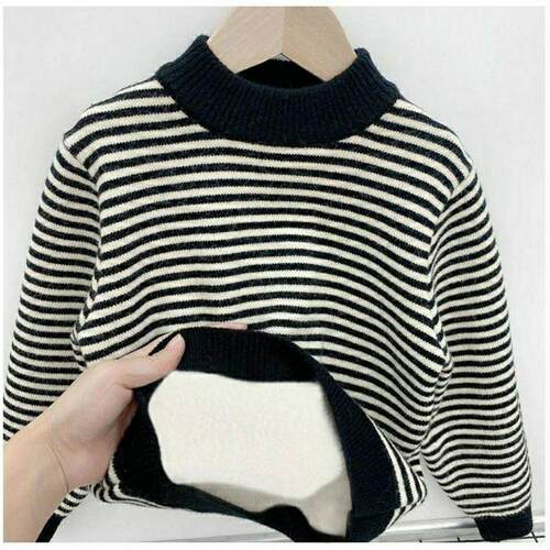 Fleece-lined Childrens Sweater Striped Round Neck Loose Fas