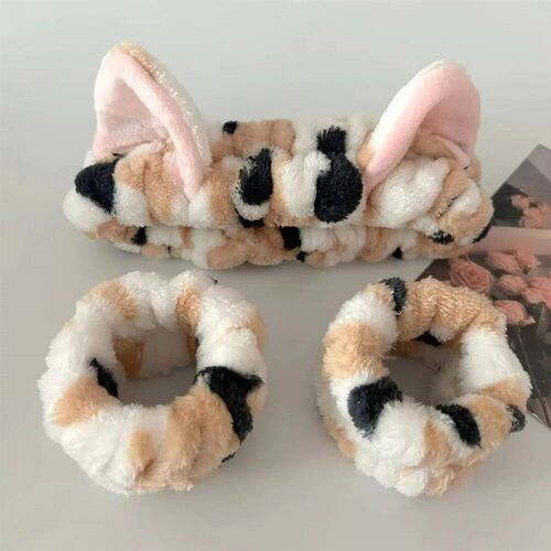 3pcs/set Leopard Print Cute Cat Ear Plush Headband Elastic C
