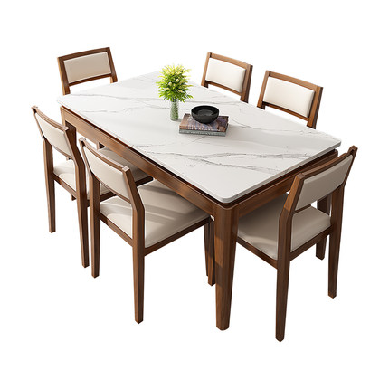 岩板餐桌椅长方形实木餐桌人人饭桌2023款歺桌胡桃木色桌子