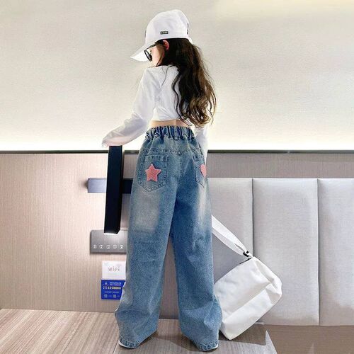 Girls School Wide Leg Pants with Heart Star Design Casual Lo