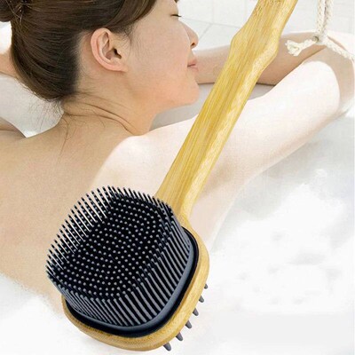 Silicone Brush Head Back Scrubber Shower Brush With Long Woo