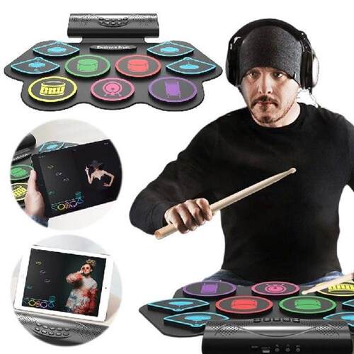 Electronic Drum Set with Drum Sticks and Pedals Roll-Up
