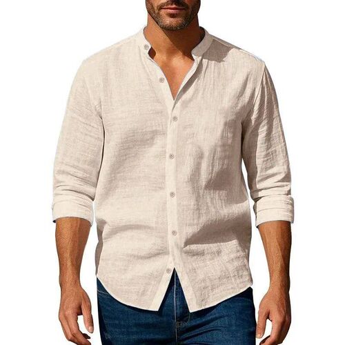 Cotton Linen Shirt for Men Henley Neck Solid Color Lightweig