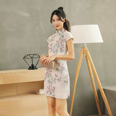 Young improved cheongsam figure-flattering linen embroidery