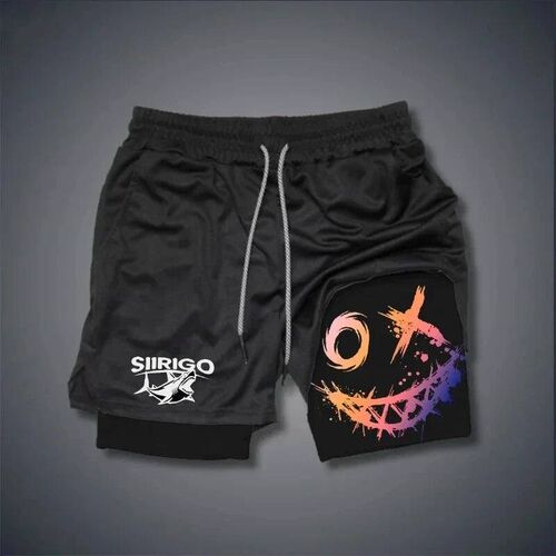 2024 Men Smiling Face Printed Fitne Short Double-Ler 2-in-1