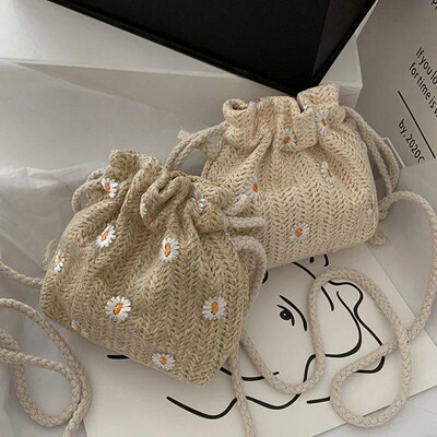Straw Weave Bucket Bags Rattan Women Summer Beach Shoulder B