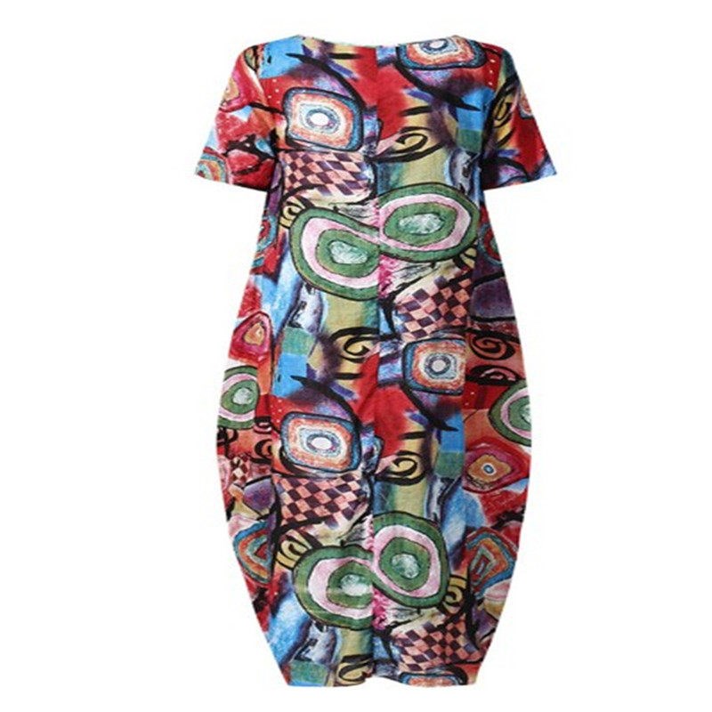 Women Summer Cotton Linen Beach Dress Round Neck Short Sleev图片