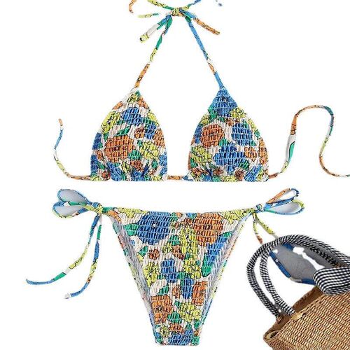 Embracing printed lace up triangle bikini split swimsuit