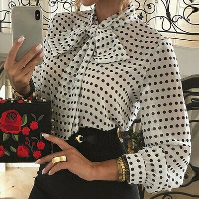 2020 Elegant Women Polka Dot Blouses Formal Office Lady Bow