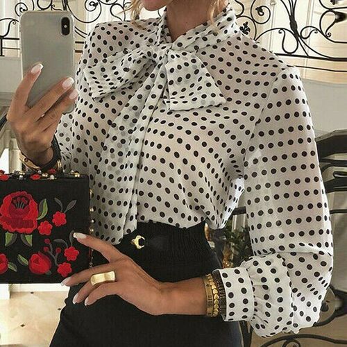 2020 Elegant Women Polka Dot Blouses Formal Office Lady Bow