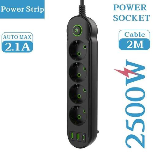 F14U F20U EU Plug Power Strip 2M Extension Cable 4/8 AC Outl