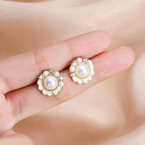Round Sparkling Diamond Pearl Leather Rope Weaved Earring Ko