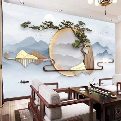 浮雕中式客厅电视背景壁纸意境山水书房壁画招财办公室茶室墙壁画