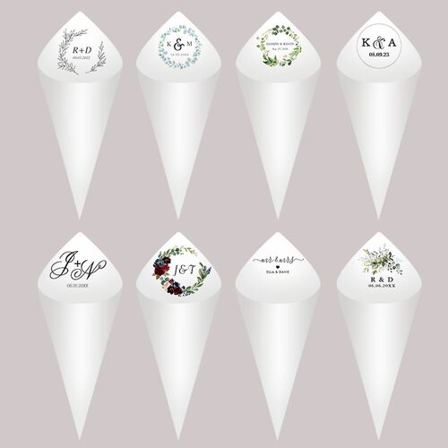 30Pcs Personalized Wedding Cones,White Paper Size 16x16cm ,C