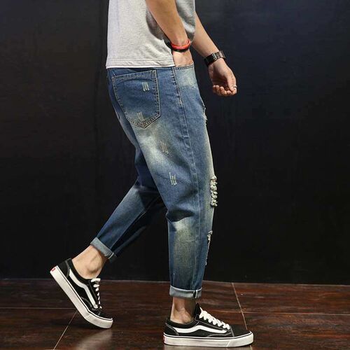 Spring Mens Ripped Jeans tendy Cropped Harem Pants Young Lo
