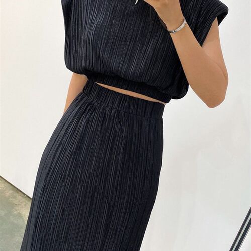 OOTN Pleated Elegant Skirt Sets O-Neck Shoulder Pads Tank To