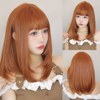 Orange MidLength Straight Wig w Air Bangs Japanese Korean Do