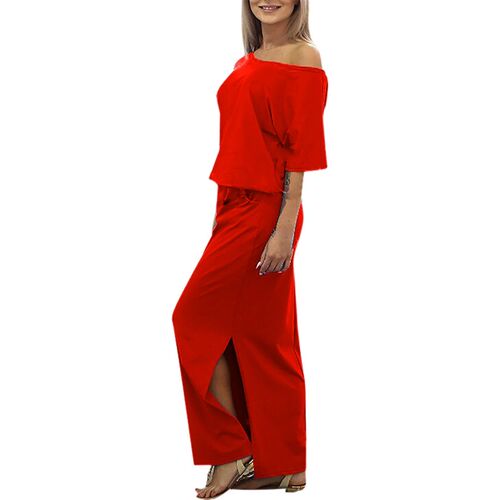 Elegant Off Shoulder Side Split Pocket Loose Dress Fashion