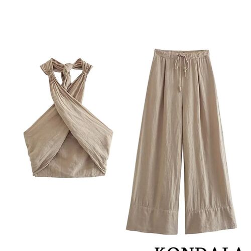 KONDALA Setwear Khaki Linen Suits Women Sleeveless Halter Se