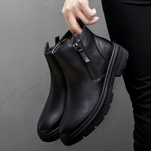 Man Winter Chelsea Boots Fur Warm Male Casual Genuine Leathe
