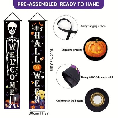 2pcs Halloween Decorations Porch Banners Welcome Sign for Ho