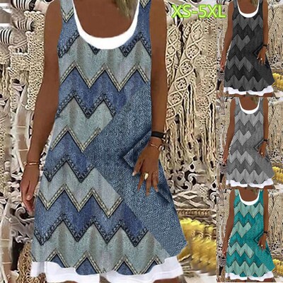 Womens A-Line Dress Sleeveless Irregular Print Skirt