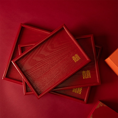 hppylove婚庆红色托盘结婚敬茶杯木质茶盘长方形圆形敬酒盘子