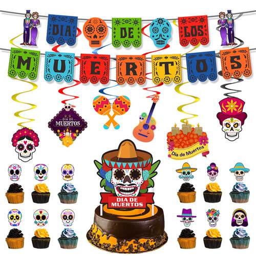 Pull  flag balloon cake set Halloween paper Skull straw