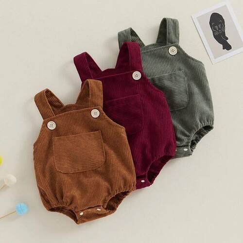 0-24M Baby Girls Boys Corduroy Rompers Solid Color Pocket Sl